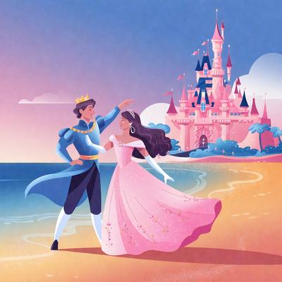The primary subject of the image is a man and a woman, who are dressed in costumes and dancing together. The man is wearing a blue costume, while the woman is wearing a pink dress. They are standing on a beach, with a castle visible in the background. The visual style of the image is a colorful, hand-drawn illustration, creating a lively and joyful atmosphere.